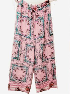 J.S Millenium Boho Scarf Rose Baroque Pink Floral Wide-Leg Linen Blend Pants S-L